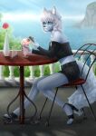  absurd_res alice_destiny anthro arctic_fox black_clothing blue_eyes canid canine chair clothing female flower fox furniture hair hi_res mammal milinn milkshake plant ponytail smile solo table vase water white_hair 