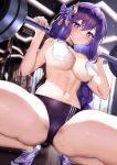  1girl alternate_costume bangs barbell black_choker blurry blurry_background blush breasts buruma choker commentary genshin_impact hair_between_eyes hands_up heart heart-shaped_pupils highres indoors large_breasts long_hair looking_at_viewer navel purple_buruma purple_eyes purple_hair raiden_shogun shoes sneakers solo spread_legs squatting squchan stomach strapless symbol-shaped_pupils thick_thighs thighs topless towel towel_around_neck very_long_hair 