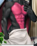  abs anthro bathroom black_body black_scales black_wings cellphone claws dragon hi_res magenta_body magenta_scales magenta_wings male mirror muscular phone reptile scales scalie solo tipsycanvas wings 