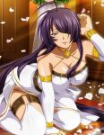  1girl alternate_costume antenna_hair arm_up breasts bridal_gauntlets cleavage collarbone detached_sleeves dress flower grey_eyes hair_over_one_eye ikkitousen indoors kan&#039;u_unchou kneeling large_breasts leaning_forward long_hair long_sleeves looking_at_viewer parted_lips petals purple_hair rose shiny shiny_hair sleeveless sleeveless_dress smile solo sunlight thigh_strap thighhighs very_long_hair white_dress white_flower white_rose white_sleeves white_thighhighs wooden_floor 