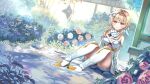  1girl absurdres bare_shoulders blonde_hair breasts bush cleavage dress feather_hair_ornament feathers flower garden genshin_impact hair_between_eyes hair_flower hair_ornament hensenfm highres lumine_(genshin_impact) outdoors white_dress white_flower yellow_eyes 