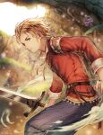  1boy artist_name belt blonde_hair blue_eyes closed_mouth cotelier dated gustave_xiii looking_at_viewer male_focus mushroom saga saga_frontier_2 solo standing sword weapon 