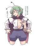  1girl 1other absurdres androgynous antennae bandaid bandaids_on_nipples belt black_cape blue_shorts brown_belt cape collared_shirt cropped_legs disembodied_limb gradient_cape green_eyes green_hair highres juliet_sleeves long_sleeves open_mouth partially_unbuttoned pasties puffy_sleeves red_cape red_eyes shirt short_hair shorts simple_background solo thick_eyebrows tomboy touhou translation_request two-sided_cape two-sided_fabric upper_body white_background white_shirt wriggle_nightbug yashiki_sen 