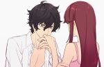  1boy 1girl alternate_costume amamiya_ren bare_shoulders black_eyes black_hair buttons collared_shirt couple from_behind hetero highres holding_hands jacket kiss kissing_hand lingerie long_hair messy_hair open_clothes open_jacket persona persona_5 persona_5_the_royal red_hair shirt short_hair simple_background sleeveless tsubsa_syaoin underwear white_background white_jacket yoshizawa_sumire 