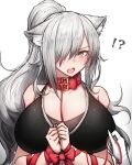  !? @_@ absurdres animal_ears arknights bound bound_wrists breasts cat_ears ceylon_(arknights) cleavage collar gloves grey_hair highres large_breasts leash long_hair ponytail pov pov_hands red_collar red_ribbon ribbon rikuguma schwarz_(arknights) white_gloves yellow_eyes 