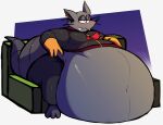  2022 3_toes ambiguous_gender anthro atsuineko belly big_belly blush bodily_fluids clothing ear_tag feet fur gloves grey_body hand_on_stomach handwear hi_res jacket legwear mad_rat_(mad_rat_dead) mad_rat_dead mammal moobs murid murine navel obese obese_anthro overweight overweight_anthro rat rodent simple_background sitting solo sweat toes topwear video_games 