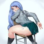  1girl ass black_socks blue_eyes blue_hair blush boku_no_hero_academia breasts cardigan chair commission curvy drill_hair feet_out_of_frame fingernails from_behind green_skirt grey_cardigan hadou_nejire highres keigi large_breasts light_blue_hair long_hair looking_at_viewer looking_back panties school_chair school_uniform side-tie_panties sitting sitting_backwards skirt socks solo sweat thick_thighs thighs twin_drills underwear v very_long_hair white_panties 