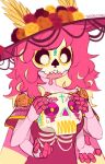  1girl arthropod_girl black_sclera cadbury_(yoako) colored_inner_hair colored_sclera colored_skin dia_de_muertos extra_arms hat holding holding_skull joints long_hair looking_down mask moth_antennae moth_girl moth_wings multicolored_hair open_mouth original pink_hair pink_shirt pink_skin sharp_teeth shirt short_sleeves signature simple_background skeleton_print skull solo teeth white_background white_eyes wings yoako 