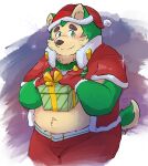  absurd_res anthro belly blush bottomwear canid canine canis christmas christmas_clothing christmas_headwear christmas_present clothing domestic_dog eyebrows fur green_body green_fur hat headgear headwear hi_res holidays lifewonders live-a-hero male mammal mokdai navel overweight santa_hat shorts smile solo thick_eyebrows xiongmaogumiao1 