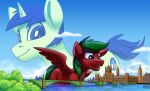  2022 black_hair black_tail blue_eyes blue_hair blue_tail castle city cloud crimson_fall_(oc) cutie_mark digital_media_(artwork) duo equid equine fan_character feathered_wings feathers feral green_body green_hair green_tail hair hasbro hi_res horn kosmos_(oc) looking_down macro male mammal multicolored_hair my_little_pony pegasus red_body red_feathers size_difference smile tsitra360 two_tone_hair two_tone_tail unicorn unicorn_horn water wings 