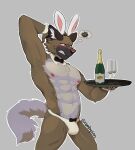  5_fingers aggressive_retsuko anthro areola blush bottle brown_body brown_fur bulge clothed clothing container cup drinking_glass fingers fur glass glass_container glass_cup haida hi_res hyena male mammal muscular muscular_anthro muscular_male nimbysan rabbit_ears sanrio solo spotted_hyena stripper_clothes topless waiter wine_glass 