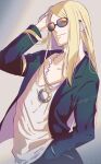  1boy blonde_hair fate/grand_order fate_(series) iwanaga_tm jacket jewelry long_hair male_focus necklace open_clothes open_jacket solo sunglasses tezcatlipoca_(fate) upper_body 
