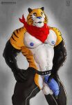  anthro armwear big_penis blue_nipples blue_penis bodily_fluids chaps clothing cum elbow_gloves felid frosted_flakes fur genital_fluids genitals gloves half-erect handwear hi_res holding_penis kellogg&#039;s kirlanlion leaking_cum leaking_precum looking_at_viewer male mammal mascot muscular muscular_anthro muscular_male nipple_piercing nipples orange_body orange_fur pantherine penis piercing precum scarf solo striped_body striped_fur stripes tiger tony_the_tiger vein veiny_penis white_body white_fur 