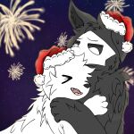  4_fingers anthro black_body black_fur black_nose black_sclera canid canine canis changed_(video_game) christmas christmas_clothing christmas_headwear clothing daww duo embrace eyes_closed fingers fireworks fur goo_creature hat headgear headwear hi_res holidays hug lin_(changed) male mammal mask open_mouth outside puro_(changed) puroxxd santa_hat starscape white_body white_eyes white_fur wolf 