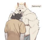  2022 anthro anthro_on_anthro biped black_body black_fur blush canid canine clothed clothing digital_media_(artwork) duo english_text eyes_closed fur gakujo hi_res male male/male mammal multicolored_body multicolored_fur simple_background text topless topless_anthro topless_male two_tone_body two_tone_fur white_background white_body white_fur 