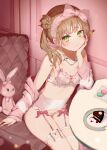  1girl bangs bare_shoulders bow bow_bra bra breasts brown_hair cake cake_slice collarbone commentary_request covered_navel double_bun fishnet_thighhighs fishnets food fork garter_straps green_eyes hair_bun hand_up holding holding_fork jacket long_hair long_sleeves looking_at_viewer macaron off_shoulder omelet_tomato open_clothes open_jacket original pink_bow pink_bra plate sleeves_past_wrists small_breasts solo striped striped_jacket stuffed_animal stuffed_bunny stuffed_toy table thighhighs twintails underwear white_thighhighs 