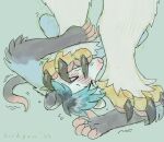  &gt;_&lt; 2022 anthro artist_name birdpaw_(artist) blue_background blue_body blue_fur blue_hair blush blush_lines claws didelphid digital_drawing_(artwork) digital_media_(artwork) dragon duo elbow_tuft eyes_closed fingerless_(marking) foot_on_arm foot_on_face fur furred_dragon fursona_(birdpaw) glistening glistening_hair gloves_(marking) grey_body grey_claws grey_fur grey_hair guide_lines hair hi_res knee_tuft leg_tuft male mammal markings marsupial multicolored_hair pawpads pink_fingers pink_nose pink_pawpads questionable_consent simple_background stepped_on talons tuft two_tone_hair 