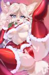  absurd_res ahegao alshir0 anthro big_ears blonde_hair canid canine canis cheek_tuft christmas clothing costume domestic_dog facial_piercing facial_tuft female fluffy fluffy_tail freckles fur furry hair hi_res holidays long_hair looking_pleasured mammal new_year nipples nose_piercing piercing pinup pose red solo tongue tuft 