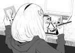  1girl ball_gag commission drawing drawing_tablet eromanga_sensei eudetenis gag hair_ornament highres holding holding_mirror holding_pencil izumi_sagiri jacket long_hair long_sleeves mirror monochrome painting_(object) pencil second-party_source self-portrait solo 