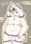  anthro belly blush canid canine canis clothing domestic_dog floppy_ears fur jockstrap male mammal moobs navel nipples overweight solo tajima_(tamacolle) tamacolle underwear white_body white_fur 