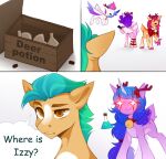  antlers bell blue_hair bottle box buvanybu capreoline collar container deer dialogue earth_pony equid equine feathered_wings feathers female feral green_hair hair hasbro hitch_trailblazer_(mlp) horn horse imminent_transformation izzy_moonbow_(mlp) male mammal mane mlp_g5 my_little_pony pink_hair pipp_petals_(mlp) pony potion purple_body purple_hair reindeer scut_tail short_tail simple_background smile sunny_starscout_(mlp) unicorn_horn white_background wings yellow_body zipp_storm_(mlp) 