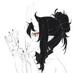  ! 1girl after_fellatio ahoge ameiarts black_hair blush choker collar cum cum_in_mouth cum_on_hands cum_string earrings eyeshadow facial facial_mark fellatio_gesture fingernails from_side greyscale hair_between_eyes hair_bun happy_facial high_contrast highres horns jewelry lineart long_fingernails long_hair looking_at_viewer makeup messy_hair mole mole_on_collarbone monochrome multiple_earrings nude oni oni_horns open_mouth oral_invitation original pointy_ears red_eyes red_eyeshadow simple_background single_hair_bun skull slit_pupils solo speech_bubble white_background 