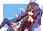  1girl absurdres bare_shoulders blue_background border choker commentary_request desco_(disgaea) disgaea dress elbow_gloves extra_eyes foot_out_of_frame gloves hair_between_eyes highres horns looking_at_viewer lying makai_senki_disgaea makai_senki_disgaea_4 monster_girl nagi_(illust_nagi) no_nose on_back open_mouth partial_commentary pointy_ears purple_choker purple_dress purple_hair purple_thighhighs red_eyes red_horns ringed_eyes short_hair simple_background slit_pupils solo tentacles thighhighs white_border 