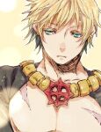  1boy bangs closed_mouth commentary_request jewelry looking_to_the_side male_focus necklace pectorals ragnarok_online scar scar_on_chest short_hair shrug_(clothing) smile solo sura_(ragnarok_online) tokio_(okt0w0) upper_body 