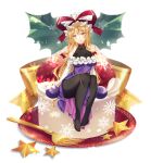  1girl black_pantyhose blonde_hair bow cake cake_slice dress food fork fruit gold hat hat_ribbon highres kirisita lips long_hair mob_cap no_shoes pantyhose plate purple_dress red_ribbon ribbon simple_background sitting solo star_(symbol) strawberry touhou very_long_hair white_background white_headwear yakumo_yukari yellow_eyes 