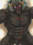  abs anthro balls blush bodily_fluids erection fur genitals grey_body grey_fur hi_res horn krampus_(housamo) lifewonders looking_at_viewer looming_over male monster muscular muscular_anthro muscular_male nude pecs penis solo sweat tamineko tokyo_afterschool_summoners 