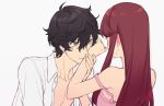  1boy 1girl alternate_costume amamiya_ren bare_shoulders black_eyes black_hair blush buttons collared_shirt couple from_behind hetero highres holding_another&#039;s_arm jacket kiss kissing_hand lingerie long_hair looking_at_another messy_hair off_shoulder open_clothes open_jacket persona persona_5 persona_5_the_royal red_hair shirt short_hair simple_background sleeveless tsubsa_syaoin underwear white_background white_jacket yoshizawa_sumire 