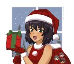  1girl :d absurdres bangs black_hair blurry blurry_background bob_cut brown_hair christmas commentary dark-skinned_female dark_skin dress english_commentary fur-trimmed_dress fur-trimmed_gloves fur_trim gift girls_und_panzer gloves green_eyes hat highres holding holding_gift holding_sack hoshino_(girls_und_panzer) indoors looking_at_viewer mixed-language_commentary nakajima_(girls_und_panzer) night open_mouth over_shoulder red_gloves red_headwear redpillow091 sack santa_dress santa_gloves santa_hat short_hair sleeveless sleeveless_dress smile snowing solo suzuki_(girls_und_panzer) tsuchiya_(girls_und_panzer) twitter_username upper_body 