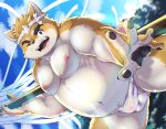  2022 anthro asian_clothing belly big_belly bulge canid canine canis clothing domestic_dog east_asian_clothing fundoshi halu_1129 hi_res humanoid_hands japanese_clothing kemono male mammal moobs musashi_(tamacolle) navel nipples one_eye_closed outside overweight overweight_male solo tamacolle underwear white_clothing white_fundoshi white_underwear wink 