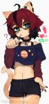  1girl ? aeiou_(yoako) ahoge animal_ear_fluff animal_ears animal_nose artist_name bangs black-framed_eyewear black_choker black_hair black_shorts body_fur candy cat_ears cat_girl cat_tail choker cowboy_shot crop_top ear_piercing food food_in_mouth furry furry_female glasses hair_between_eyes hair_ornament highres jupiter_symbol layered_sleeves like_and_retweet lollipop long_sleeves looking_at_viewer meme midriff multicolored_hair navel off-shoulder_shirt off_shoulder original piercing power_symbol-shaped_pupils red_hair shirt short_hair short_over_long_sleeves short_shorts short_sleeves shorts simple_background solo streaked_hair tail thigh_gap twitter_strip_game_(meme) two-tone_hair white_background x_hair_ornament yoako 