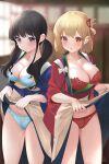  2girls aqua_bra aqua_panties bangs black_hair blonde_hair blue_bra blue_panties blurry blurry_background blush bra breasts cleavage closed_mouth cowboy_shot hair_ribbon inoue_takina lace-trimmed_bra lace_trim large_breasts lifted_by_self long_hair looking_at_viewer looking_away lycoris_recoil mujinbensin multiple_girls nishikigi_chisato panties parted_lips purple_eyes red_bra red_eyes red_panties red_ribbon revision ribbon short_hair standing twintails underwear 