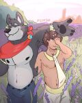  adastra adastra_(series) amicus_(adastra) anthro bottomwear canid canine canis cape clothing duo echo_project fears4bears field hi_res human jewelry laurel_wreath lavender_(flower) male mammal marco_(adastra) pants shirtless shirtless_male smile toga wolf 