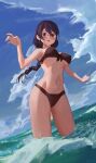  1girl absurdres ass_visible_through_thighs bakemonogatari bangs bikini black-framed_eyewear black_bikini black_hair blush braid brown_eyes cloud cloudy_sky covered_nipples cowboy_shot day dutch_angle glasses groin hair_between_eyes hair_ornament hair_ribbon hairclip hand_up hanekawa_tsubasa highres in_water linea_alba long_hair looking_at_viewer monogatari_(series) navel ocean open_mouth outstretched_arm ribbon semi-rimless_eyewear sidelocks sky solo straight_hair swimsuit teeth toxic_(toxicv) twitter_username upper_teeth_only very_long_hair yellow_ribbon 