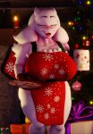  2022 3d_(artwork) alternate_universe anthro apron apron_only big_breasts bigdogenzo blender_(software) blush boss_monster bovid breasts caprine christmas christmas_clothing christmas_lights christmas_present christmas_stocking christmas_tree clothing cookie digital_media_(artwork) eyes_closed female food fur gingerbread_man goat hair hi_res holidays huge_breasts luiske476 mammal mature_anthro mature_female mostly_nude open_mouth plant smile snowflake solo standing thick_thighs toriel tree under(her)tail undertale undertale_(series) video_games white_body white_fur 