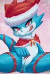  animal_genitalia anthro bandai_namco blue_body blush christmas christmas_clothing christmas_headwear cloaca cloacal clothing digimon digimon_(species) genitals hat headgear headwear holidays horn licking licking_lips male ribbons santa_hat scalie shoru slightly_chubby solo tongue tongue_out veemon 