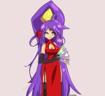  1girl 4foresight1 black_gloves blue_eyes breasts china_dress chinese_clothes cleavage dress elbow_gloves flower flower_on_head garter_straps gloves hair_flower hair_ornament long_hair looking_at_viewer one_eye_closed pelvic_curtain ponytail purple_hair shantae shantae_(series) side_slit sleeveless smile solo turtleneck very_long_hair 