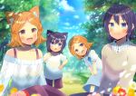  :d :o animal_ear_fluff animal_ears aran_sweater bangs black_hair blue_eyes blue_pants blue_sky blurry blurry_background blurry_foreground blush braid brown_eyes brown_sweater cable_knit character_request closed_mouth cloud collared_shirt commission day depth_of_field dress flower knees_up kou_hiyoyo leaning_forward off-shoulder_sweater off_shoulder orange_hair outdoors pants parted_bangs pink_flower puffy_short_sleeves puffy_sleeves purple_pants purple_shorts red_flower shirt short_sleeves shorts sitting skeb_commission sky smile sweater tate_no_yuusha_no_nariagari tree white_dress white_shirt white_sweater yellow_flower 