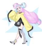  1girl :d blue_hair bow-shaped_hair commentary english_commentary full_body highres iono_(pokemon) light_blue_hair long_hair looking_at_viewer multicolored_hair open_mouth oversized_clothes pink_eyes pink_hair pokemon pokemon_(game) pokemon_sv rob_ishi sharp_teeth simple_background sleeves_past_fingers sleeves_past_wrists smile solo split-color_hair star_(symbol) teeth two-tone_hair very_long_hair very_long_sleeves walking wide_sleeves 