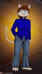  2019 absurd_res anthro bottomwear brown_hair clothing digital_media_(artwork) domestic_cat dress_shirt eyewear felid feline felis fur glasses hair hand_in_pocket hi_res if_hell_had_a_taste male mammal martin_hetson pants pockets shirt solo teal_eyes topwear viroveteruscy whiskers 