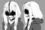  1girl blindfold collar commission eromanga_sensei eudetenis hair_ornament highres izumi_sagiri jacket long_hair long_sleeves low_twintails monochrome saliva second-party_source solo tongue tongue_out twintails upper_body 