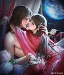  1boy 1girl absurdres arms_around_neck backlighting bed blush character_request dress face-to-face flower hand_on_another&#039;s_head hetero highres holding_another&#039;s_hair hug huo_linger_(wanmei_shijie) looking_at_another mingzi_jiao_shushu moon night open_hand red_dress shiny shiny_hair topless_male wanmei_shijie window 