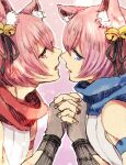  2boys alternate_color animal_ear_fluff animal_ears bangs bell black_ribbon blue_eyes blue_scarf brown_gloves commentary_request fingerless_gloves fox_ears gloves hair_bell hair_between_eyes hair_ornament jingle_bell looking_to_the_side male_focus multiple_boys neck_ribbon open_mouth pink_hair ragnarok_online ranger_(ragnarok_online) red_eyes red_scarf ribbon scarf shirt short_hair sleeveless sleeveless_shirt tokio_(okt0w0) upper_body white_shirt yaoi 