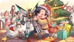  2boys 3girls black_hair blonde_hair breasts brown_hair christmas christmas_tree cleavage copyright draph fake_facial_hair fake_mustache fingerless_gloves gift gloves granblue_fantasy grand_god_kaiser_(granblue_fantasy) hair_over_one_eye hairband hallessena hat horns long_hair marie_(granblue_fantasy) multiple_boys multiple_girls nicholas_(granblue_fantasy) official_art robomi_(granblue_fantasy) sack santa_hat scarf smile sparkle table tobias_(granblue_fantasy) toy 