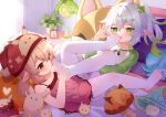  2girls bangs blonde_hair bow commentary_request cross-shaped_pupils dodoco_(genshin_impact) feet foot_focus foot_worship genshin_impact gradient_hair green_bow green_eyes green_hair grey_hair hair_between_eyes hair_bow hair_ornament hairclip hands_on_feet hat highres holding_another&#039;s_foot indoors klee_(genshin_impact) licking licking_foot lingerie long_sleeves multicolored_hair multiple_girls mutual_foot_licking nahida_(genshin_impact) negligee nightcap nightstand no_shoes on_bed pantyhose photo_(object) pillow pointy_ears red_eyes red_headwear revision shirt side_ponytail symbol-shaped_pupils toes tsubasa_tsubasa underwear white_pantyhose white_shirt yuri 