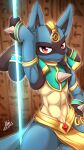  2020 4k 9:16 absurd_res anthro balls blue_body blue_fur blurred_background bottomwear clothed clothing dated elbow_tuft fur generation_4_pokemon genitals glistening glistening_eyes hi_res kewkungzn loincloth looking_at_viewer lucario male mouth_closed nintendo pokemon pokemon_(species) portrait red_eyes signature solo tan_body tan_fur three-quarter_portrait yellow_bottomwear yellow_clothing yellow_loincloth 