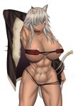  1girl abs absurdres animal_ears areola_slip arm_behind_head armpits bandeau bangs bare_legs bare_shoulders breasts choker cleavage collarbone covered_nipples crossed_bangs dark-skinned_female dark_skin eyepatch fur-trimmed_jacket fur_trim ghislaine_dedoldia grey_hair hair_between_eyes highres huge_breasts jacket long_hair looking_at_viewer muscular muscular_female mushoku_tensei navel obliques off_shoulder panties panty_pull parted_lips pulled_by_self red_bandeau red_choker red_eyes scar scar_on_cheek scar_on_face scar_on_stomach skindentation solo stomach tail tail_ornament tail_ring thighs underboob underwear zinfian 